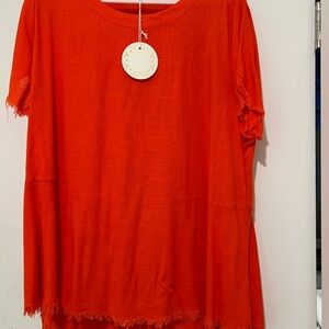 Umgee Vibrant Orange Frayed Hem Blouse